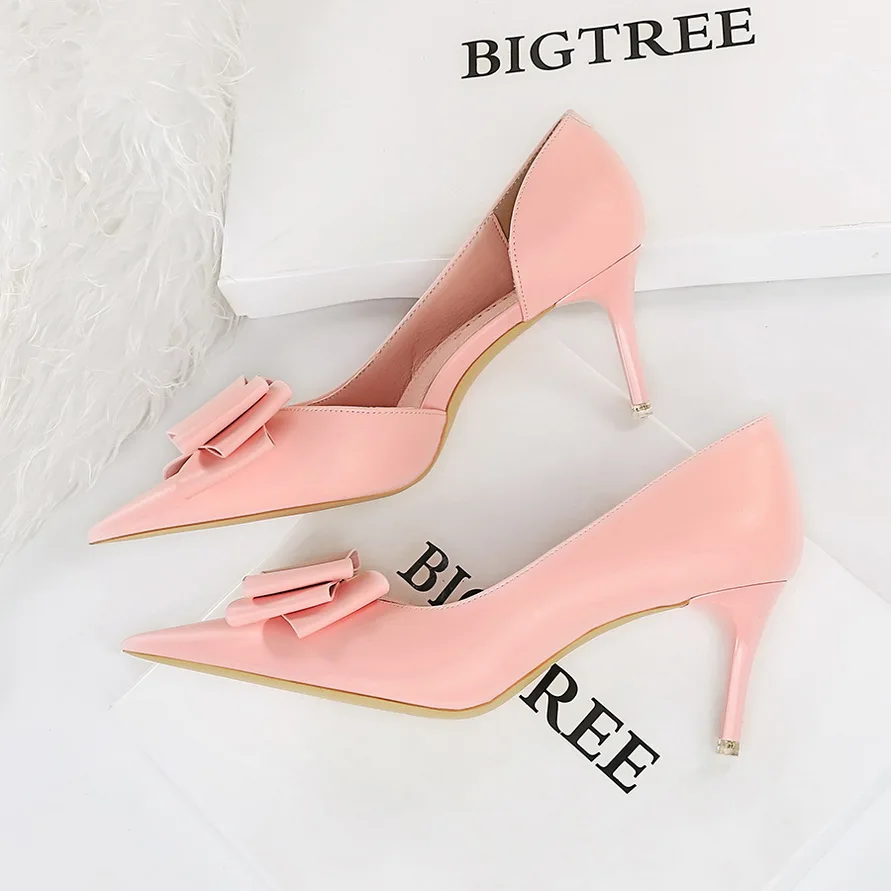 

BIGTREE Shoes Pu Leather Kitten Heels Bowknot Stiletto Heels 7.5 Cm Women Pumps Fashion High-heeled Shoes Sexy Wedding Shoes