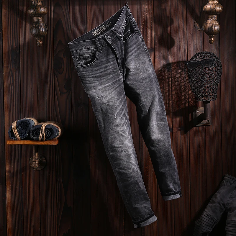 Fashion Vintage Men Jeans High Quality Black Gray Elastic Slim Fit Ripped Jeans Men Trousers Retro Designer Denim Pants Hombre