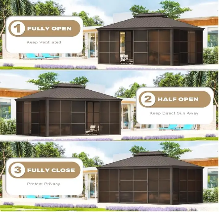 12' x 16' Sunroom, All-Season Solarium Gazebo with Sliding Doors & Lockable PC Screen Walls, Outdoor Permanent Sunroom with