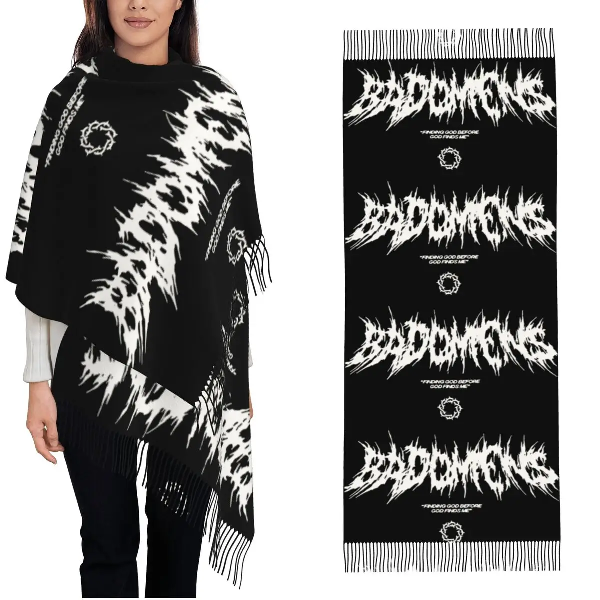 

Bad Omens Death Metal Logo Shawl Wrap for Women Winter Warm Large Long Scarf Rock Band Neckerchief Tassel Scarves