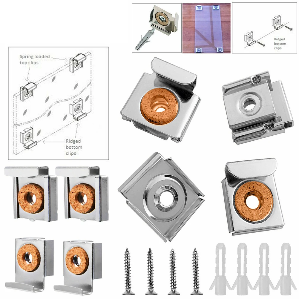 Chrome Mirror Wall Hanging Fixing Kit 4pcs Bathroom Mirror Mounting Brackets Clamps Frameless Metal Clips For Kitchen Bathroom