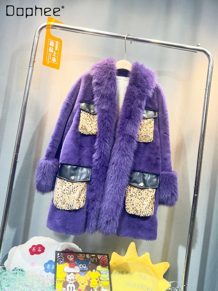

Light Luxury Fur Integrated Mink Overcoat 2023 Winter New Elegant Heavy Embroidery Sequins Mid-Length Loose Faux Fur Coat Women