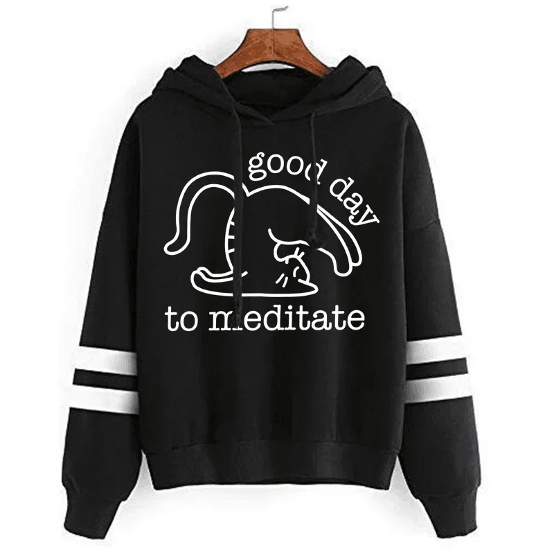 

Letter Good Day To Meditate Hoodie Graphic Cute Cat Women Casual Streetwear High Street Funny Clothes Fall Winter Female Hoodie