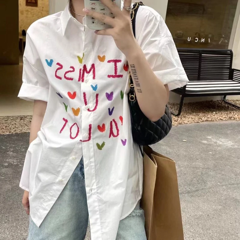 EBAIHUI Summer Letter Print Women Shirt Korean Graffiti Colorful Design Lady Short Sleeve Blouse Loose Polo Collar Cardigan Tee