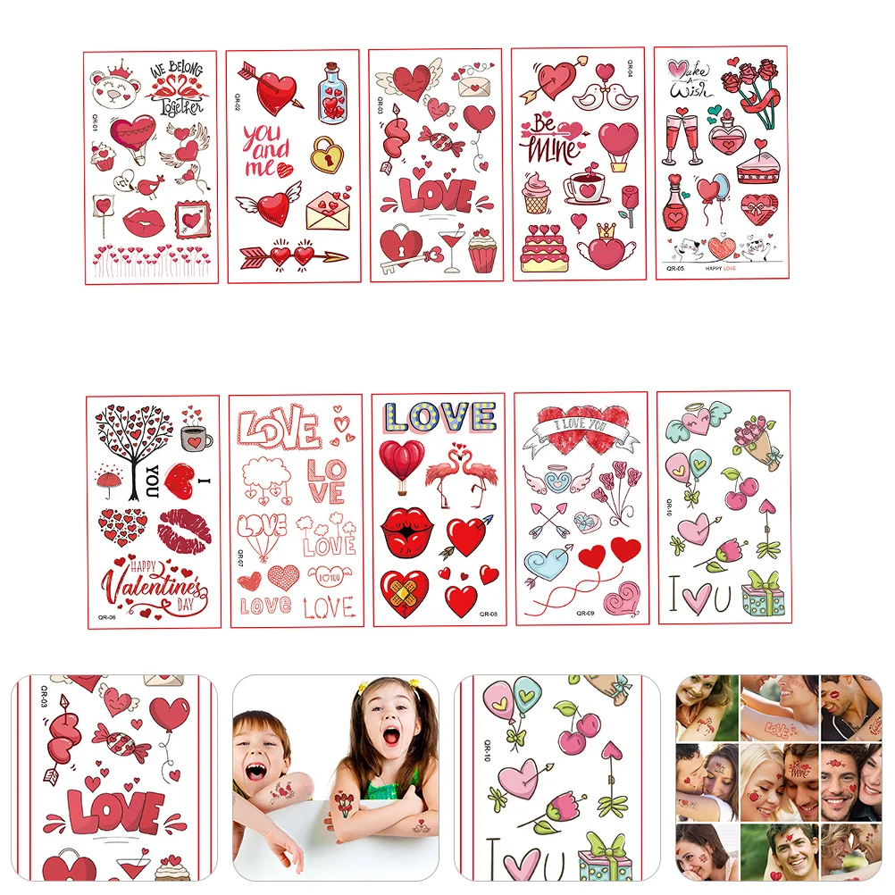 

10 Sheets Tattoo Stickers Disposable Love Lovers Couples Decals Valentines Temporary Tattoos Children Temporary