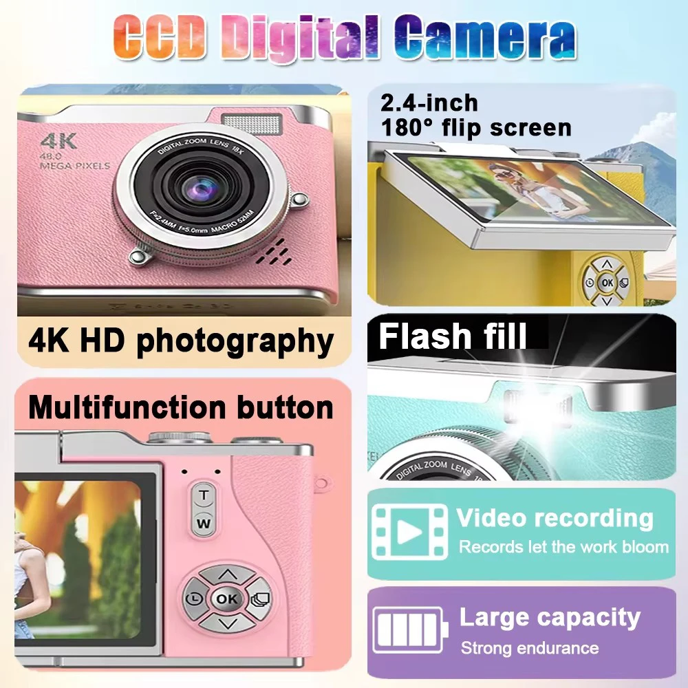 4K Digital Camera 48MP Retro CCD 8X Digital Zoom Student