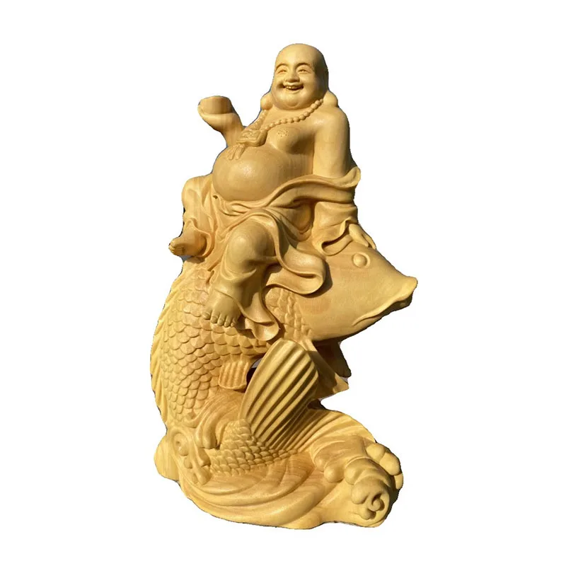 Wooden Carp Maitreya Buddha Decorative Statue ,Creative Solid Wood Art Hand Carving Home Room, Office Fortune Gathering Statue