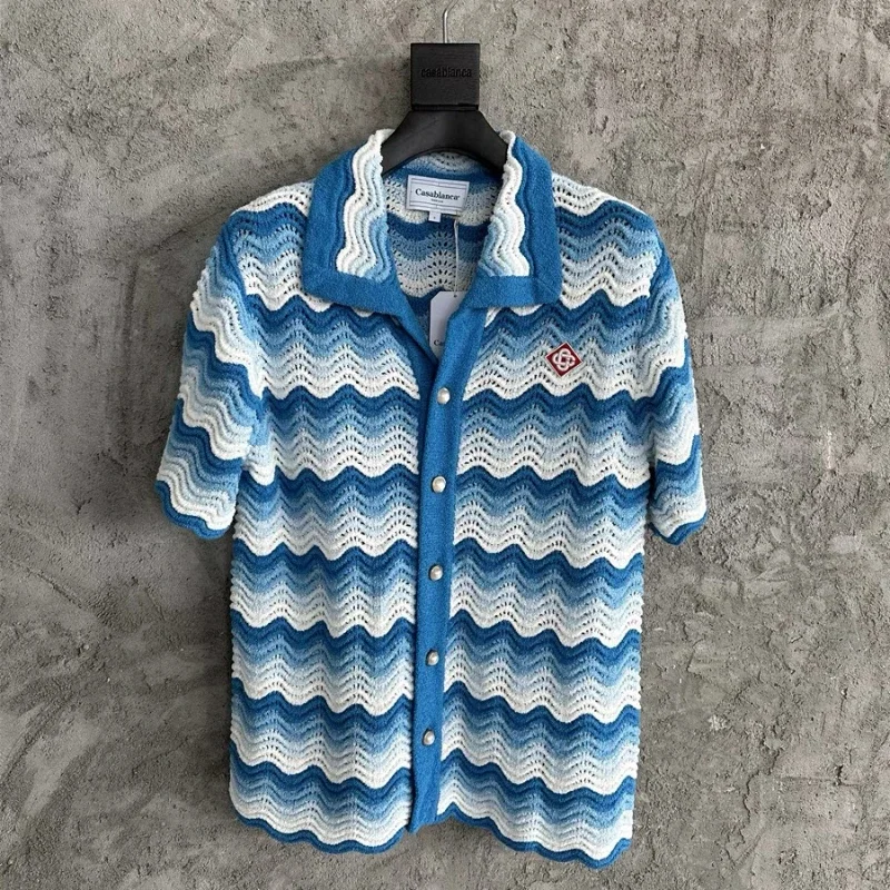 

Oversized Casablanca Sweater Men Women 1:1 Top Quality Jacquard Knitted Cardigan Pearl Buttons Gradient Wave Stripe Sweaters