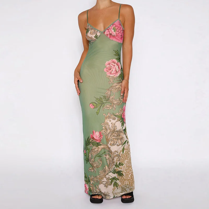 Sbceb055f231d41a485bf2c2075254f0f5 Women's Summer New Sexy Style Holiday Style Print Design Sensory Sling Dress V-neck Ball Dress Dress Long Dress JY23159SK
