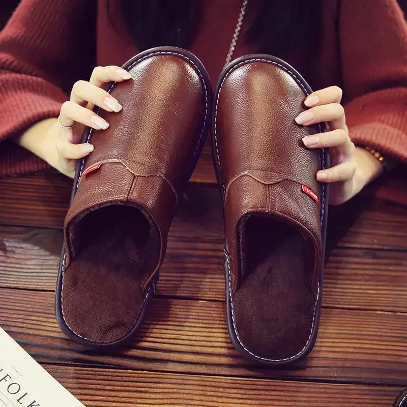 First Layer Cowhide Slippers Women and Men Winter Indoor Warm Lovers Thick Wool Anti-skid Leather Slippers Cotton Slippers Women