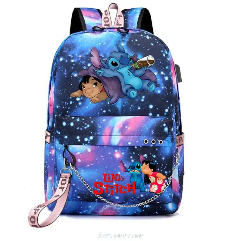 Disney Stitch Backpacks Women Men Student USB Charge Canvas Backpack Print School Bag Teenager Girls Ribbons Mochila