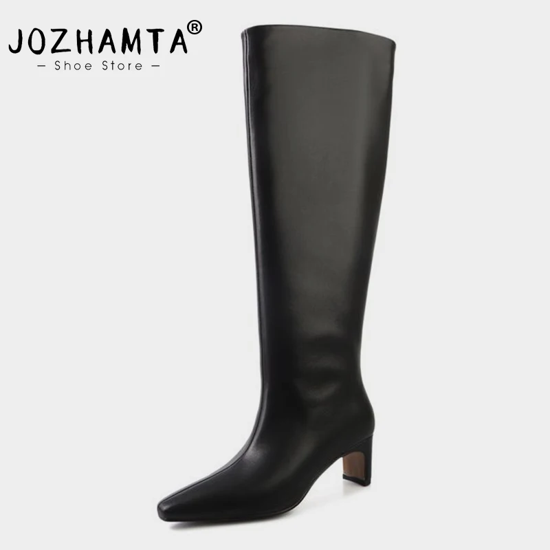 JOZHAMTA Size 34-43 2026 Women Real Leather Long Boots Fashion High Heels Shoes For Winter Boots Office Lady Daily Dress Shoes