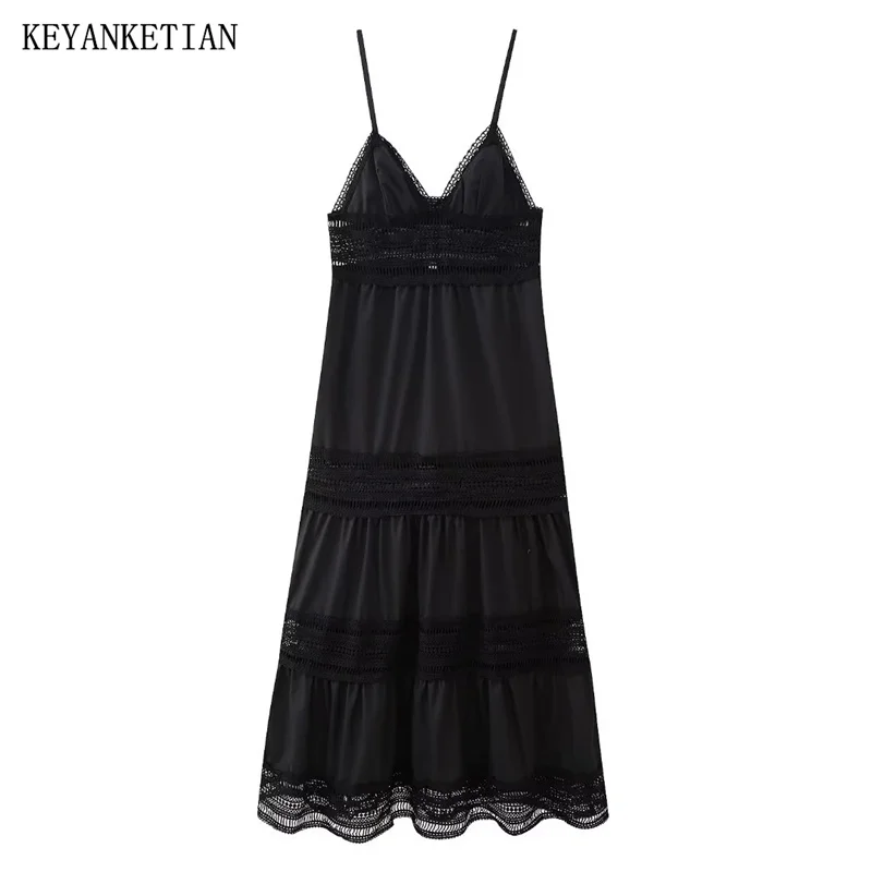 

KEYANKETIAN Autumn New Women's Lace Patchwork Slip Dress French Style Sexy V-Neck Slim SleevelessBackless Ankle Long Dress