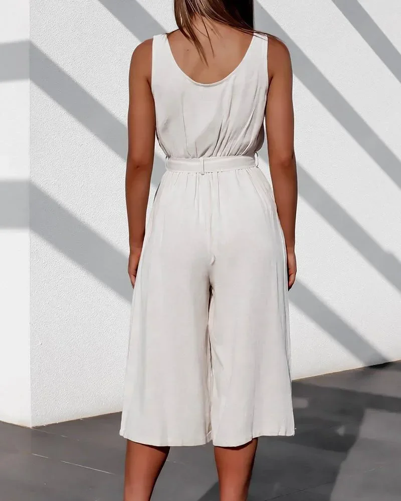 Fall Women Fashion Jumpsuit White Casual High Waist Solid Single Breasted Wide Leg Pants with Belt Calf-Length Rompers Playsuits
