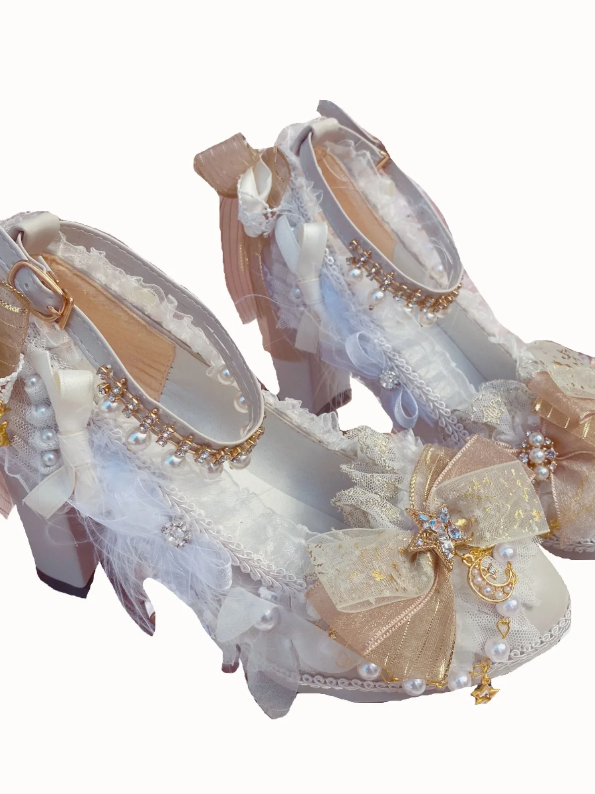 Girl's Heart Handmade Sweet Flower Wedding High Heels White Gold Female Lolita High Heels Thick Heels Lo Shoes Stage Performance