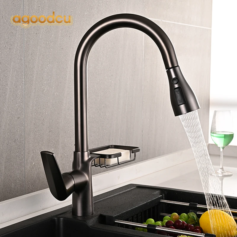 

Pull Out Kitchen Faucet Brass Gun Gray 360° Rotation Hot Cold Water Sink Mixer Tap Stream Spray 3 Modes Deck Mounted Wash Crane