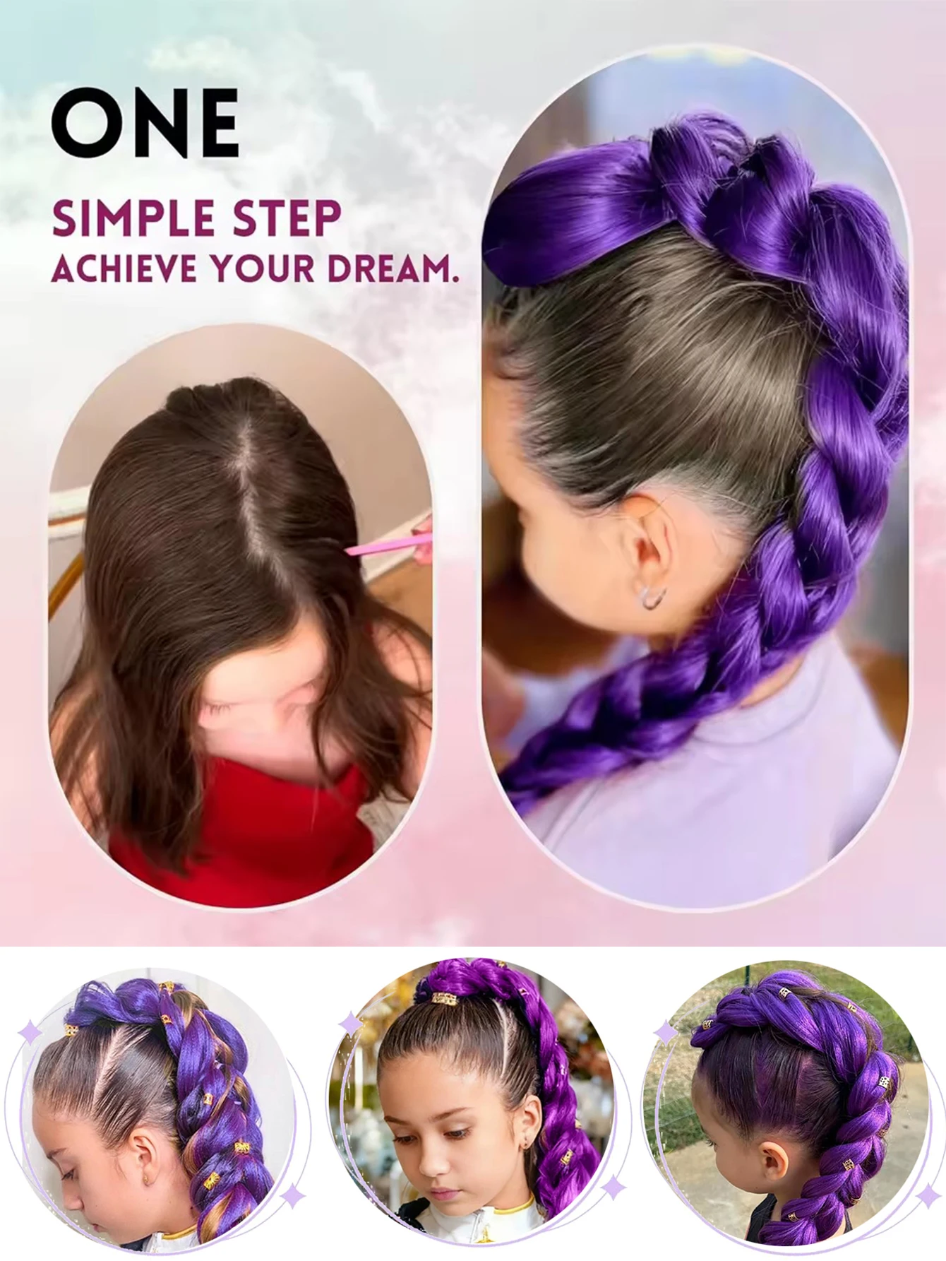 Synthetic Purple Braided Hair Ponytail Extension Clip for Women and Kids
