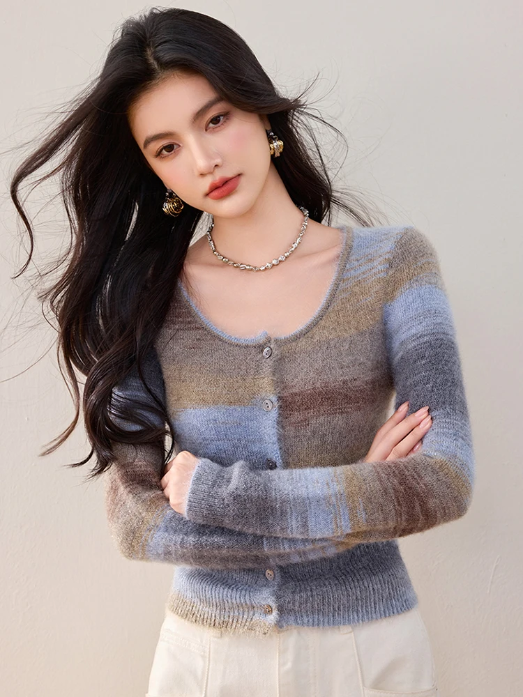 Crop Cardigan  Women’s Vintage lazy style cropped knitting long sleeves boatneck slim fit button-up short Tops Cardigans for woman in multi brown blue Gray grey stripes Fashionable Niche Design Knitwear Fall Autumn Spring womens striped Sweaters fashion