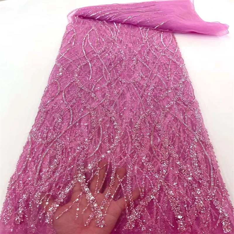 

High-End Sequins Embroidery French Mesh Lace Fabric Latest African Handmade Beads Tulle Lace Fabrics for Party Dress xc23-92