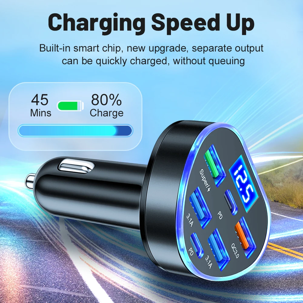 100W 6 Ports Car Charger Heart Shape Fast Charging PD Quick Charge QC3.0 USB Type C Car Phone Charger Adapter For iPhone Xiaomi