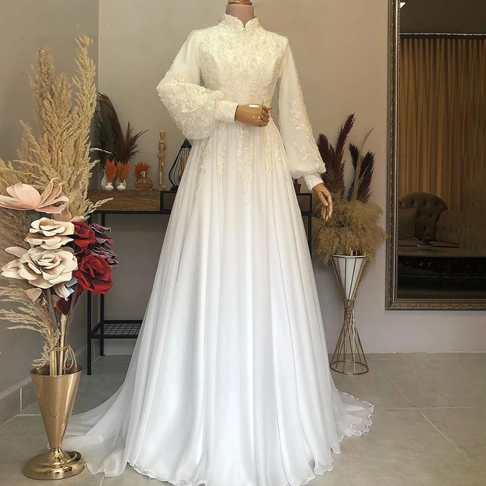 

Arabic Muslim Wedding Dresses High Neck Lace Applique Marriage Bridal Gown Moroccan Full Sleeves Lady Formal Outfits White Ivory