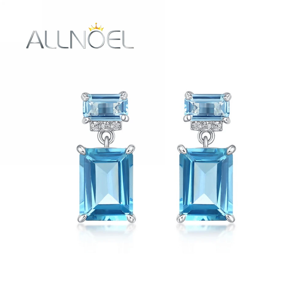 

ALLNOEL Solid 9K/14K/18K White Gold Earrings For Women Natural 6*8mm London Blue Topaz Temperament K Gold Jewelry bijoux Gifts