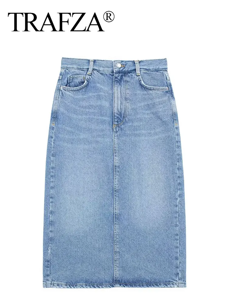 

TRAFZA 2024 Spring Denim Skirt For Women Light Blue High Waist Slim Midi Skirts Female Zipper Vintage Elegant Woman's Skirt