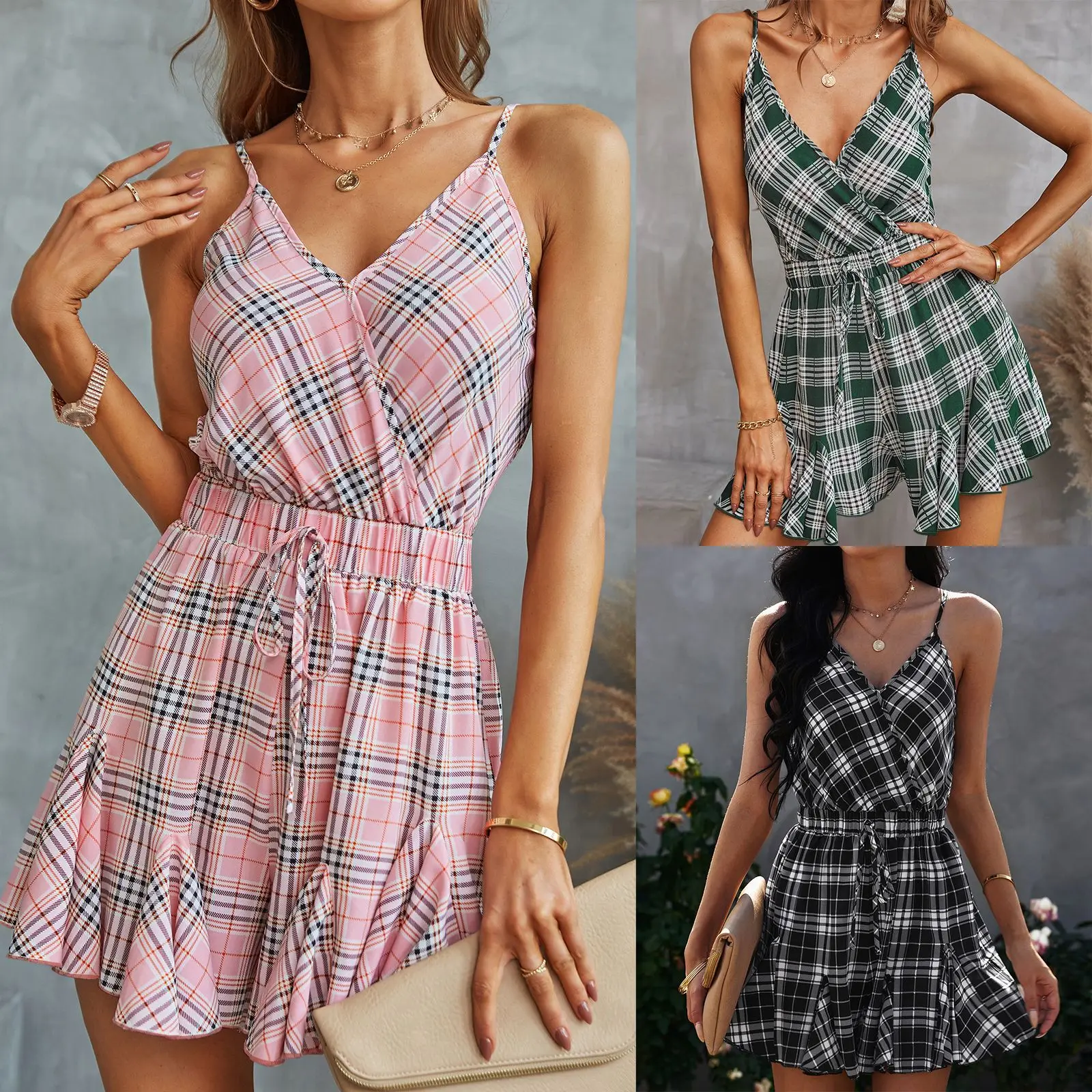 

2022 summer new slim European and beautiful women's sling plaid print jumpsuit women's casual home wear