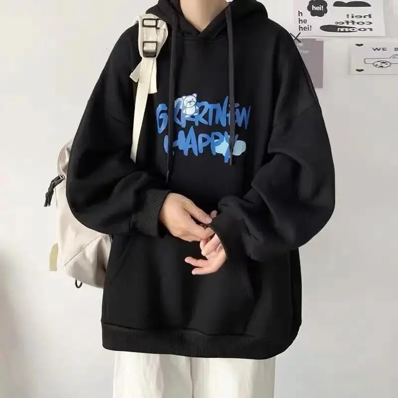 Fashion Loose Printed Letter Lace Up Hoodies Sweatshirts Men's Clothing 2024 Spring New Oversized Korean Tops Casual Sweatshirts