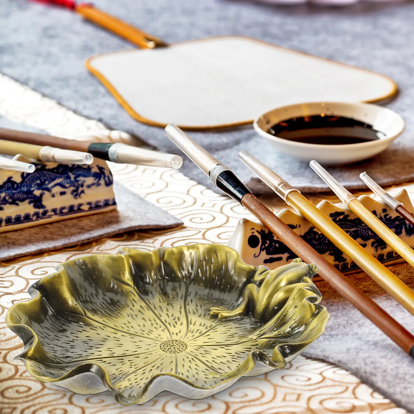 장 잉크 접시 개구리 모양 금속 서예 잉크 접시 레트로 스타일 휴대용 연꽃 모양 잉크통 붓꽂이 데스크탑 중국풍
