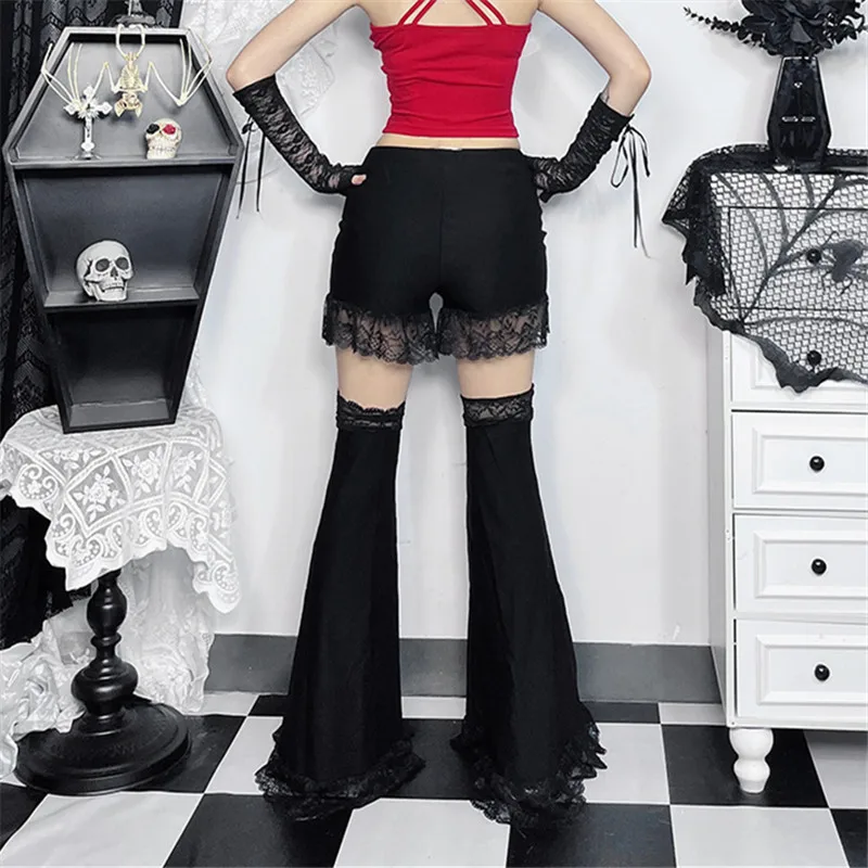 Goth Dark Grunge Bottoms Gothic Lace Spliced High Waist Flare Pants Hot Sexy Hollow Out Pant for Women Streetwear Alt Trousers