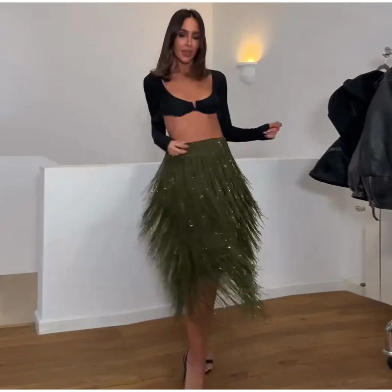 Women's Olive Green Sequin Fringe Midi Skirt Sparkly Tassel Party Skirt for Evening Clubwear 2025 Festival New Sexy Lady Skirts 19 Sbcec652b53024dc6b126ca8a66f44e91S