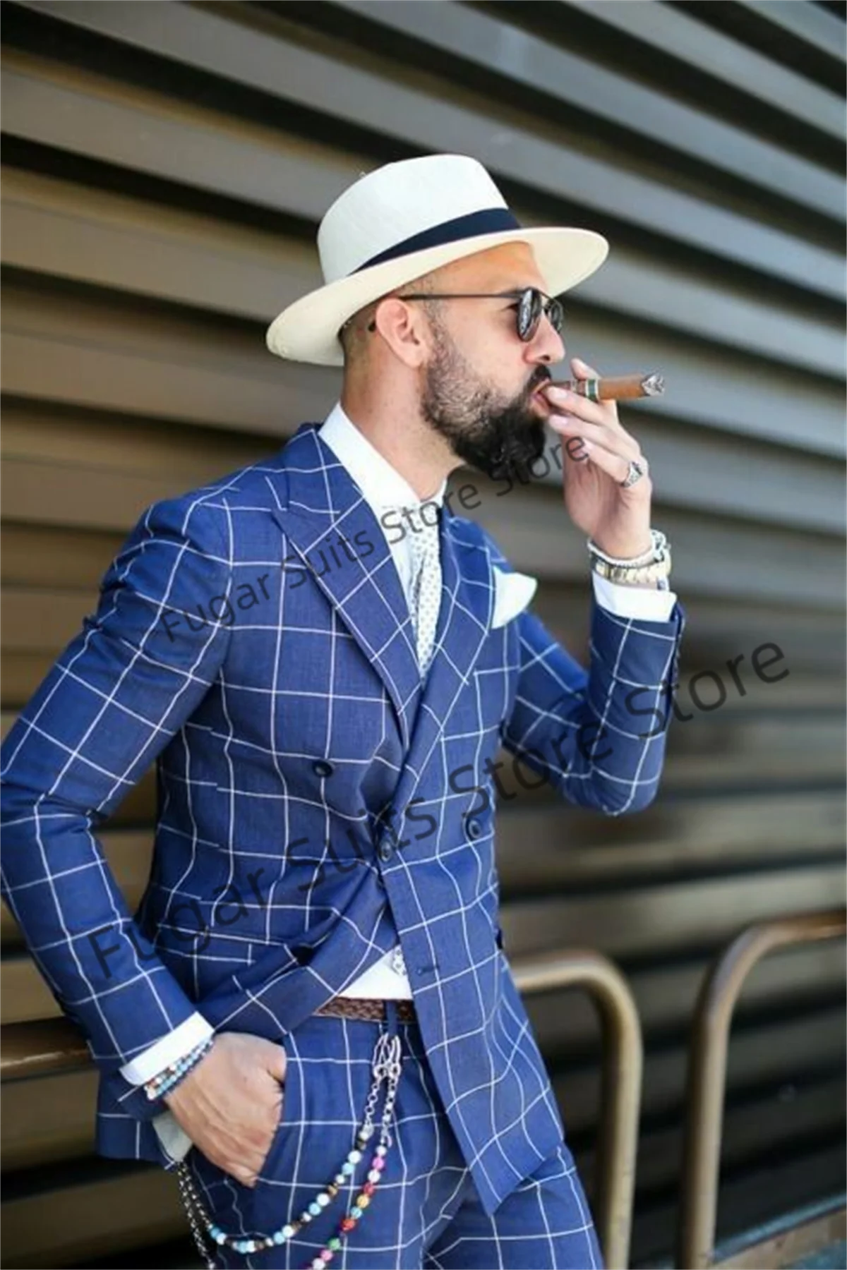 Casual Blue Plaid Men Suits Double Breasted Business Blazer Slim Fit Wedding Groom Tuxedo 2 Piece Set Jacket Pant Costume Homme