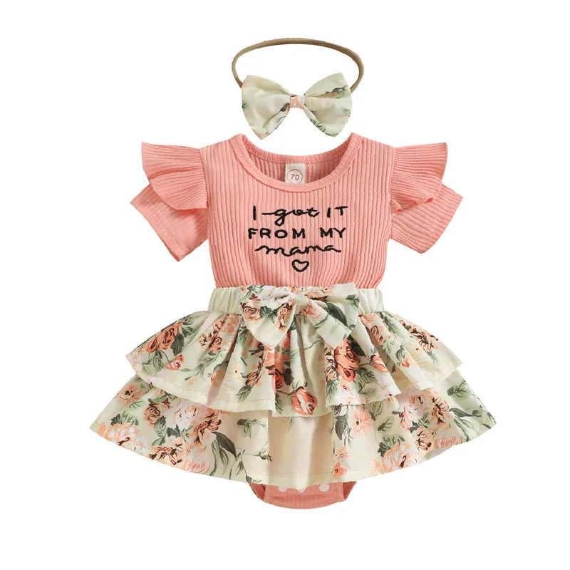 

0-24M Infant clothes summer letter pit strip flying sleeve flower print skirt romper bag fart clothes