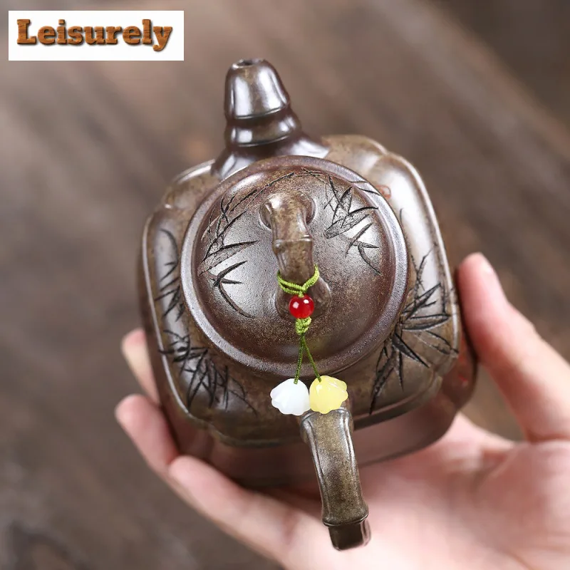 300ml Yixing Purple Clay Teapots Handmade Bamboo Tripod Pot Raw Ore Wood-fired Porcelain Mud Kettle With Filter Zisha Tea Set
