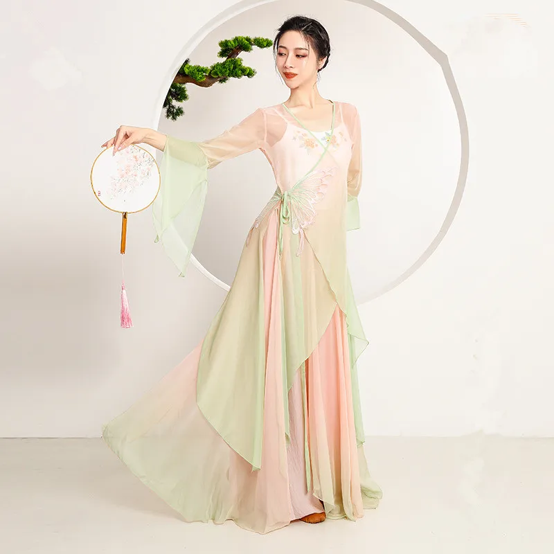 

Classical Dance Practice Clothes Women's Elegant Split Horseshoe Sleeve Gradient Gauze Top Butterfly Embroidery Fairy Costume L