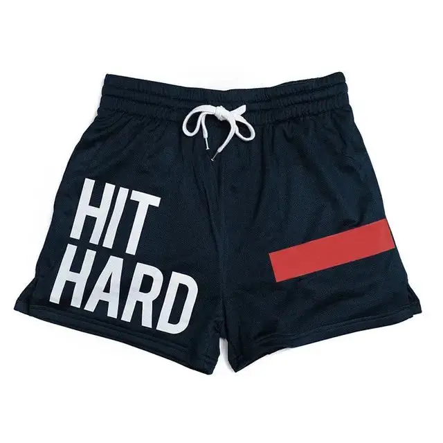 Summer Quick-drying Sports Shorts Men's Mesh Stretch Fitness Running Training Beach Pants HIT HARD Print GYM Basketball Short 5