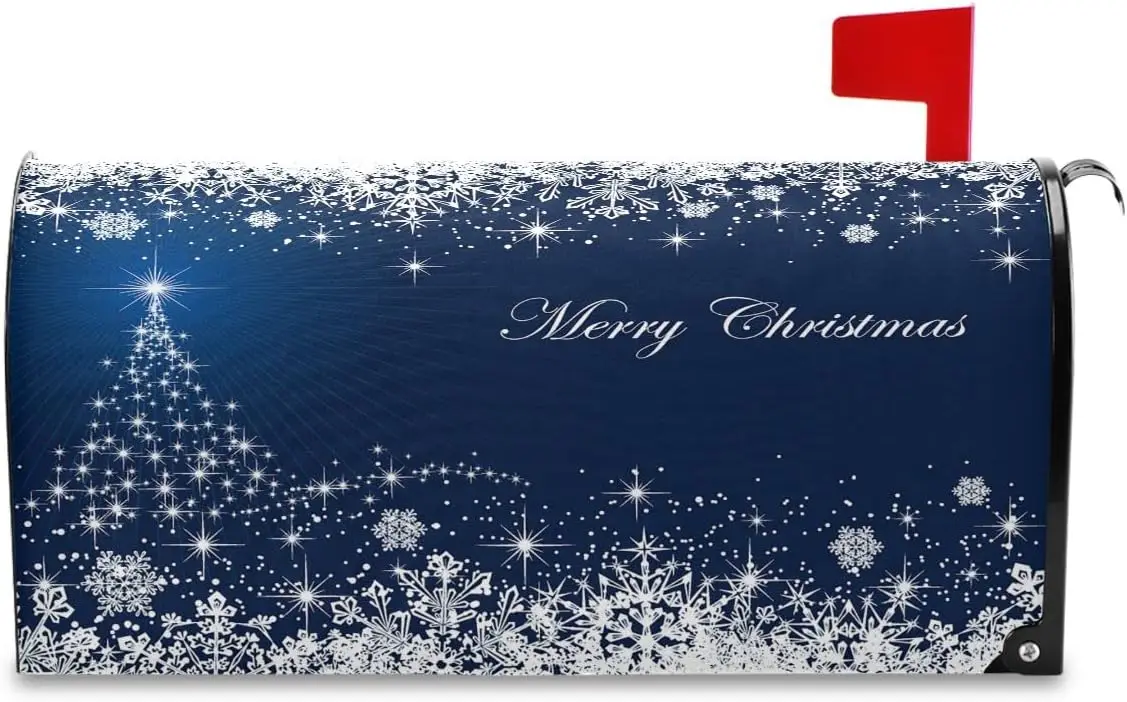 Merry Christmas Tree Magnetic Mailbox Cover, Standard Winter, Snowflake, Snow, Blue, White, Xmas Mail Box Covers, Decals Wrap, P