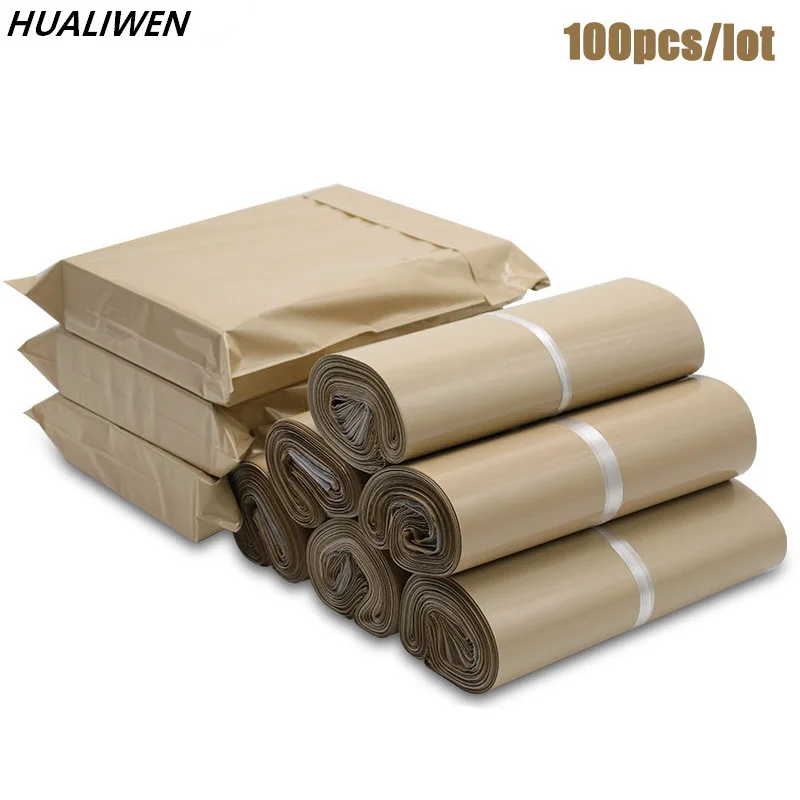 100pcs/Lot Milk Tea Color Courier Bag Express Envelope Storage Bags Mailing Bags Self Adhesive Seal PE Plastic Pouch Packaging