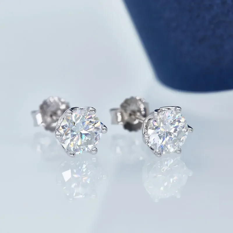 Round Cut 2 Carats Moissanite Earrings For Women Solid 925 Sterling Silver Stud Earring Six Claws Classic Fine Jewelry Gift