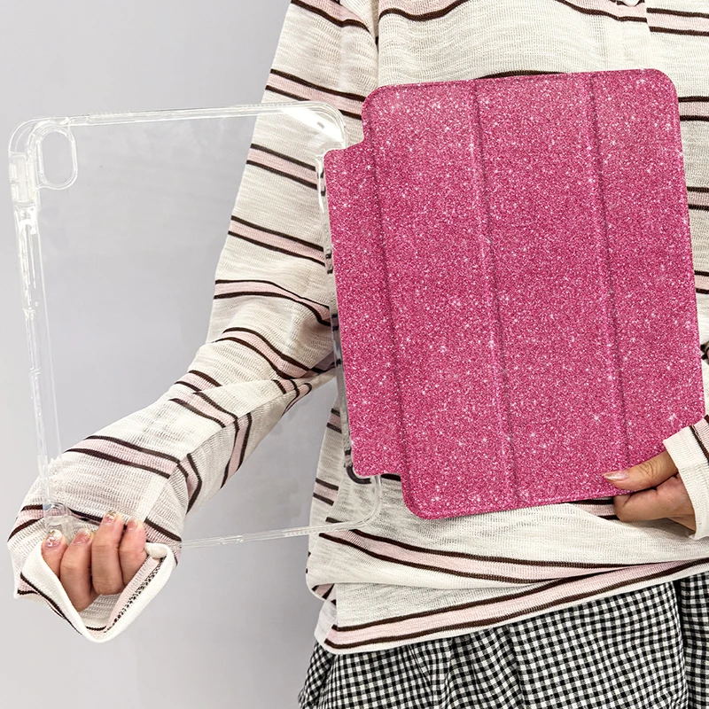 Sparkle Pink/Purple Foldable iPad Case with Pen Slot and Auto Wake/Sleep