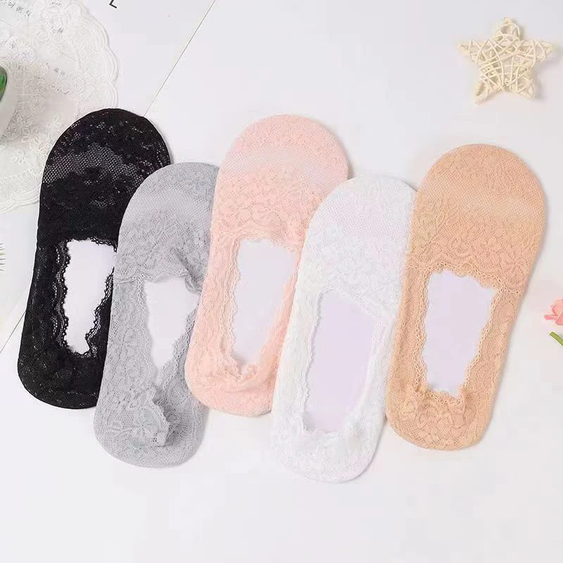 5 Pairs of WOMEN'S Spring/summer Sweat Absorbing Deep Necked Silicone Anti Slip Thin Cherry Blossom Lace Boat Socks