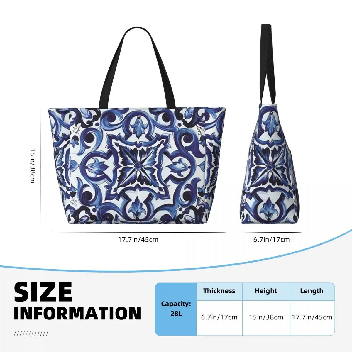Borsa da Spiaggia Blu con Motivi Floreali Ornamentali in Stile Mediterraneo Siciliano, Borsa Sportiva per Palestra e Yoga, Grande Borsa da Viaggio per Donne, Borsa per Fitness - immagine 3