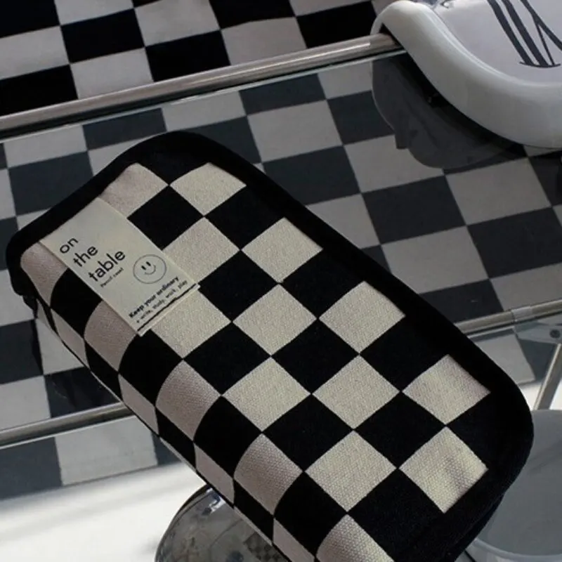 Ins Black and White Checkerboard Grid Large Capacity High Value Storage Pencil Bag Stationery Box 20cm pencil cases pen storage bag stationery box