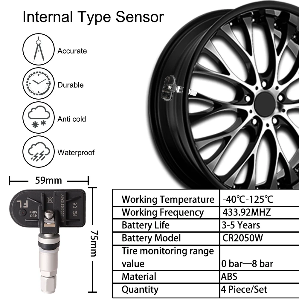 Wireless Tire Pressure Monitoring System with USB and 4 Sensors for Universal Compatibility