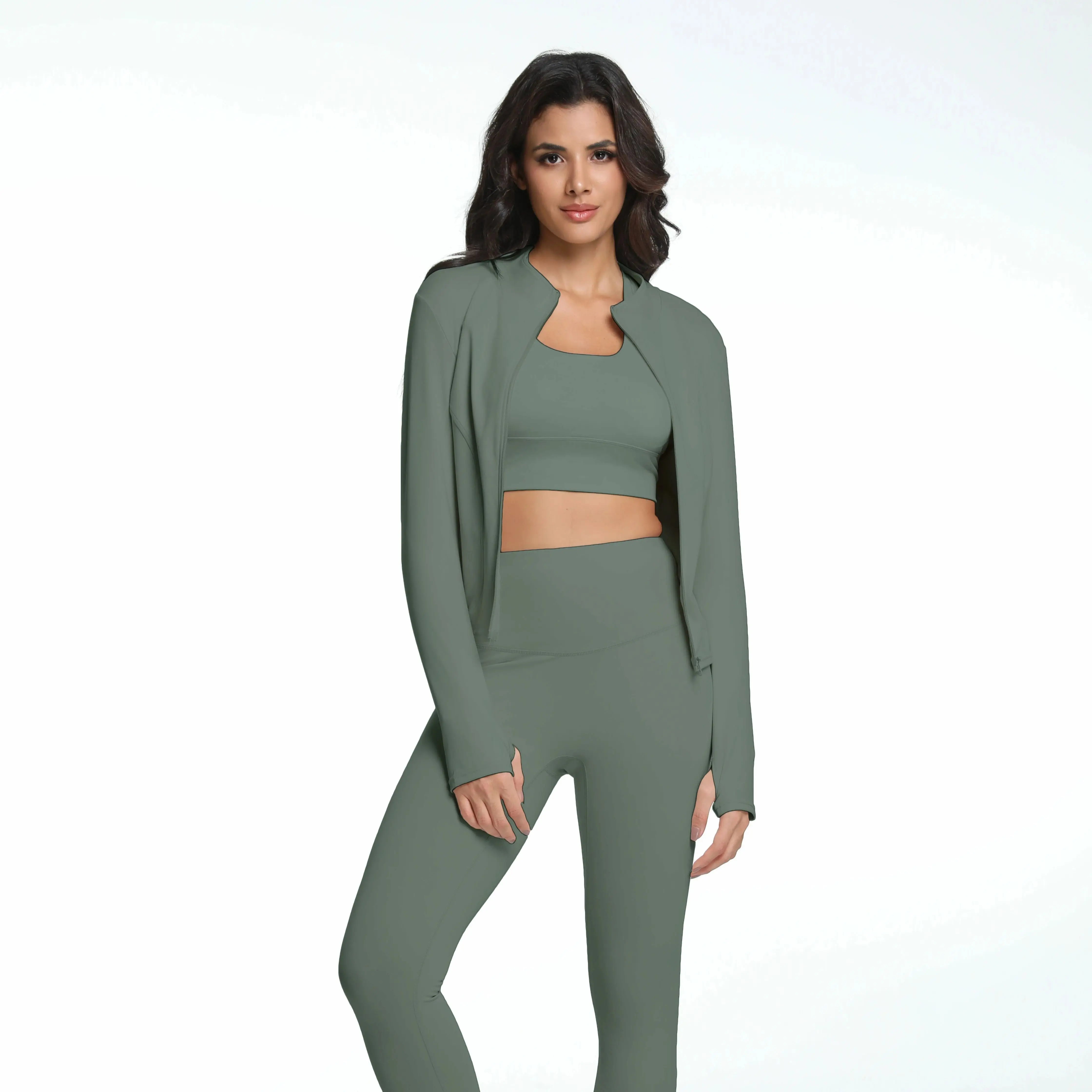 Women's Zipper Long Sleeve Top High Waist Leggings Active Wear Set - Image 6