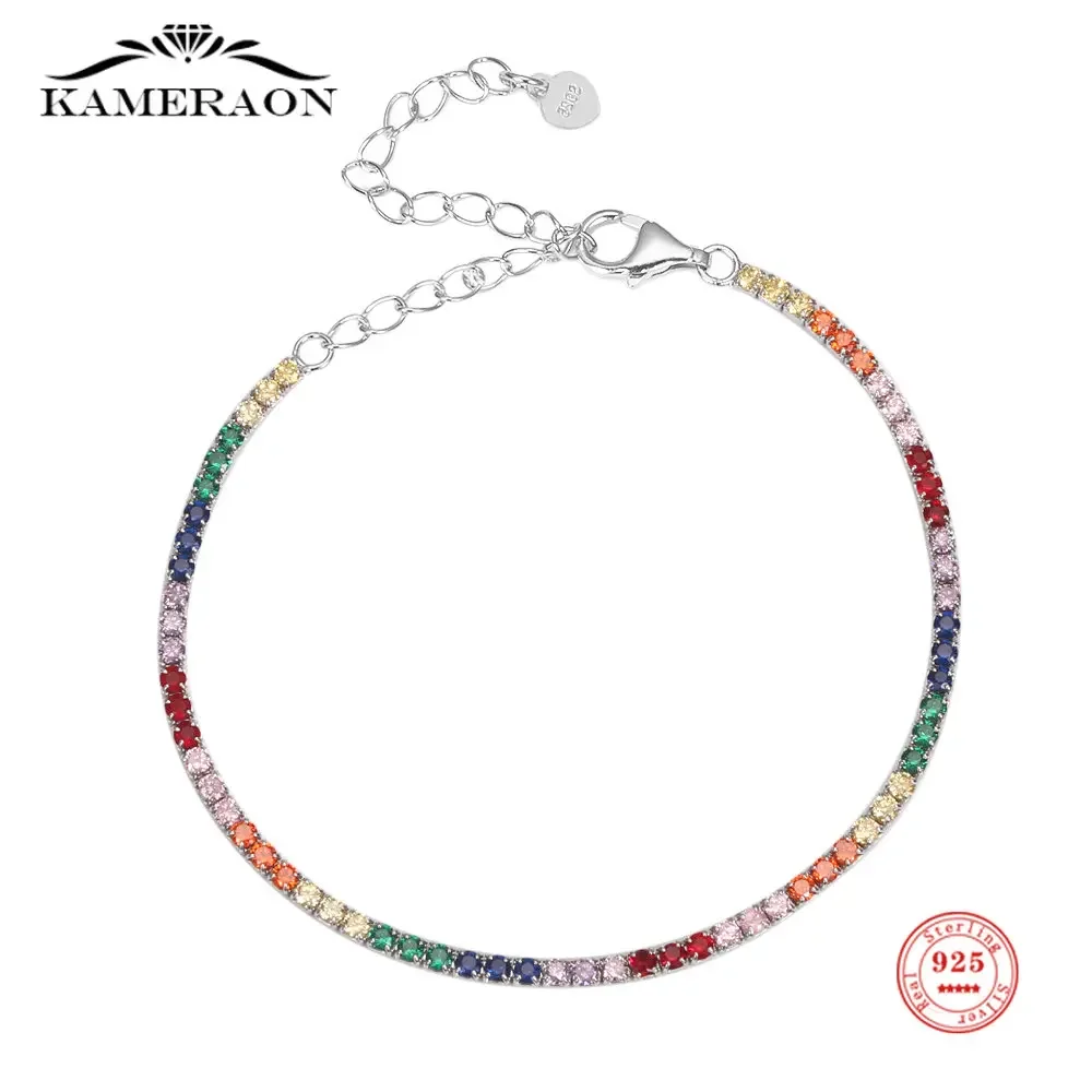 

925 Sterling Silver Rainbow Tennis Bracelet 2mm Round Diamond Chain for Men and Women Fine Jewelry Bright Wedding Party Gifts