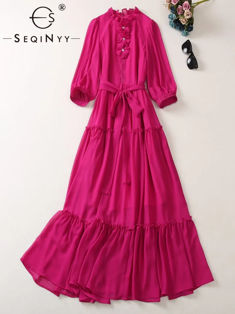 

SEQINYY Purple Dress Summer Spring New Fashion Design Women Runway High Street Appliques Flowers Beading Lace Casual Belt
