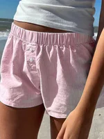 Short décontracté à imprimé rayé pour femme, taille élastique, bas boutonnés, streetwear chic, basique, mode Y2K 4