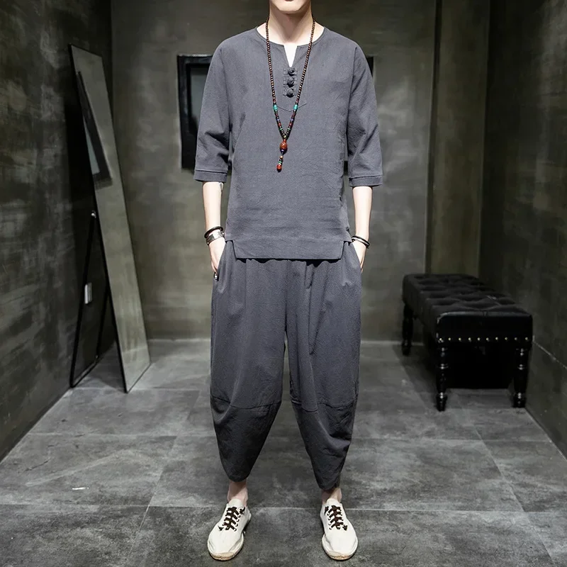 Japanese Style Suits Kimono Short-Sleeved T-shirt Pants Two Piece Men Tops Trousers Male Japan Harajuku Yukata Cardigan Costume japanese kimono cardigan japanese kimono japanese kimono shirt